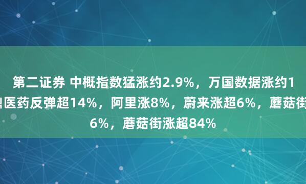 第二证券 中概指数猛涨约2.9%，万国数据涨约15%，再鼎医药反弹超14%，阿里涨8%，蔚来涨超6%，蘑菇街涨超84%